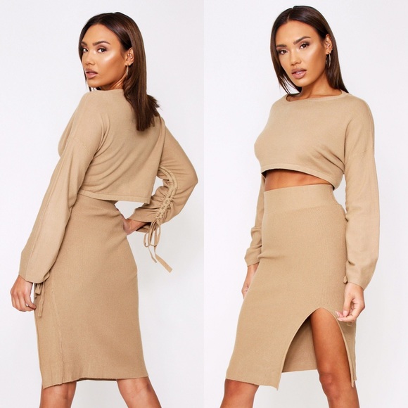 🆕 BEIGE MIDI SKIRT & CROP TOP LOUNGE 2-PIECE SET - Picture 8 of 8